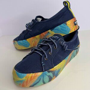 Womens 9.5 Sperry Crest Vibe Navy/Coral Floral Tropical Platform Slip On Sneaker